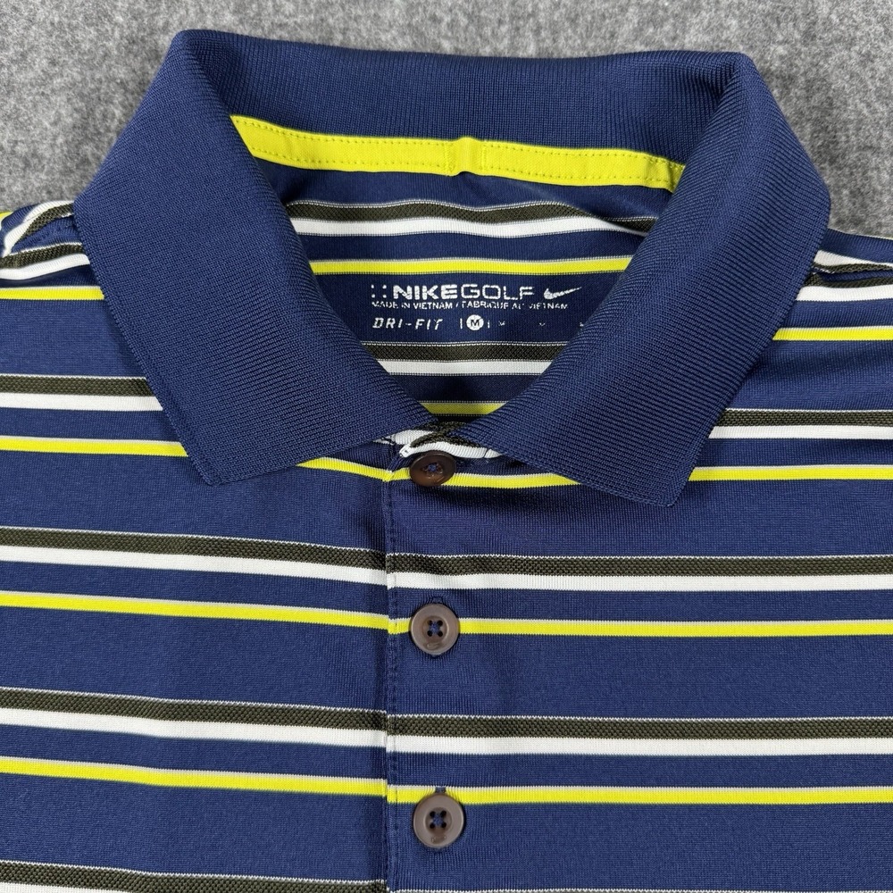Nike Golf Men's M Dri-FIT Blue Yellow White Striped Polo Shirt Short Sleeve